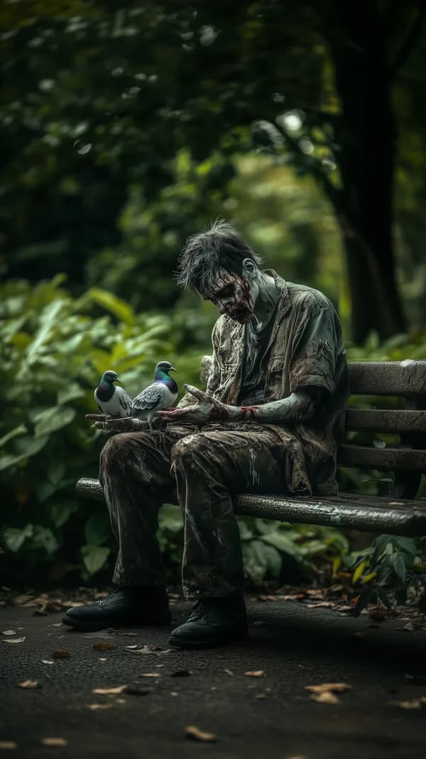 Haunting zombie on a park bench with pigeons - moody wallpaper - HD Wallpaper, 4k Background Image