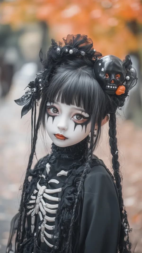 Gothic Skeleton Doll Portrait with Halloween Makeup and Accessories - HD Wallpaper, 4k Background Image