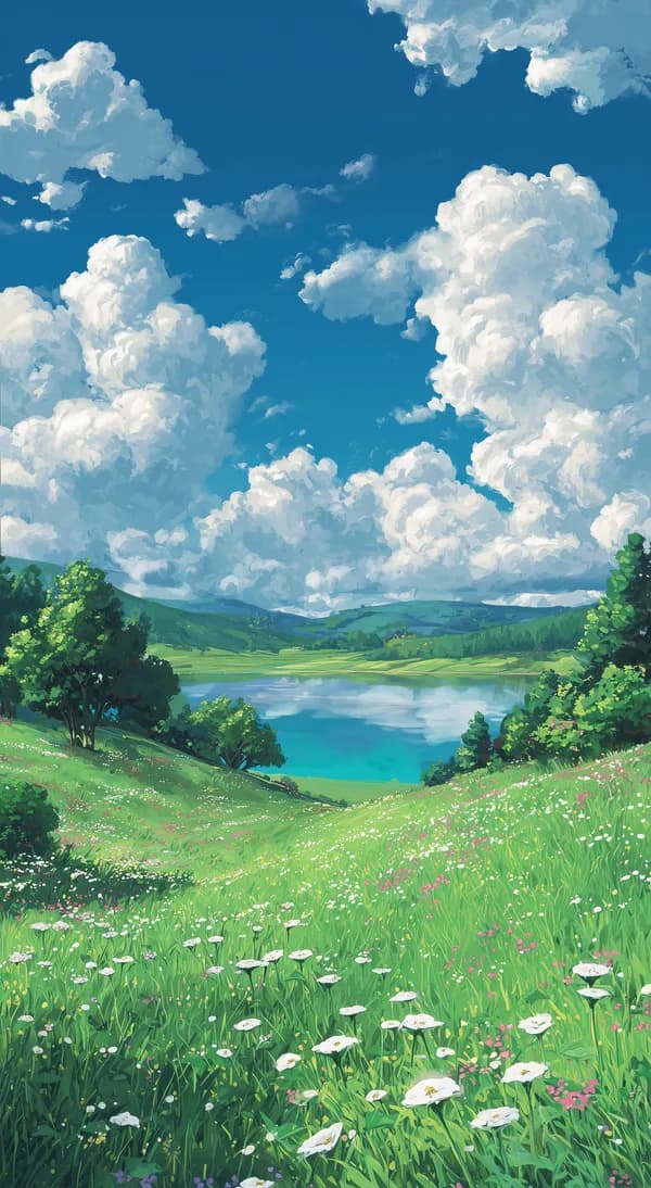 Vibrant Meadow Landscape with Cloudy Sky – Digital Artwork Wallpaper - HD Wallpaper, 4k Background Image