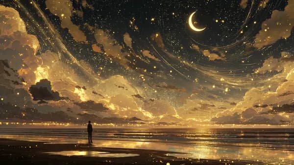 Dreamy Night Sky Over Golden Ocean Horizon with Crescent Moon - HD Wallpaper, 4k Background Image