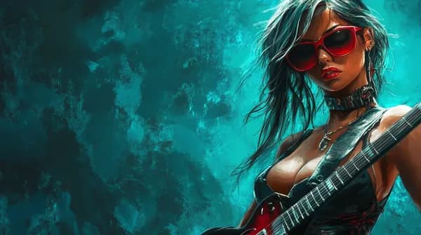 Vibrant Cyberpunk Muse with Guitar — Teal Neon Wall Art - HD Wallpaper, 4k Background Image