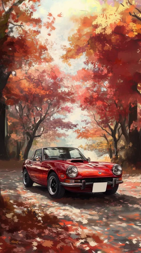 Autumn Forest Drive: Vintage Red Convertible in Fall Colors - HD Wallpaper, 4k Background Image