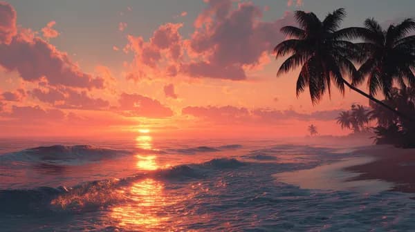 Tropical Sunset Beach Scene with Palms and Calming Waves - HD Wallpaper, 4k Background Image