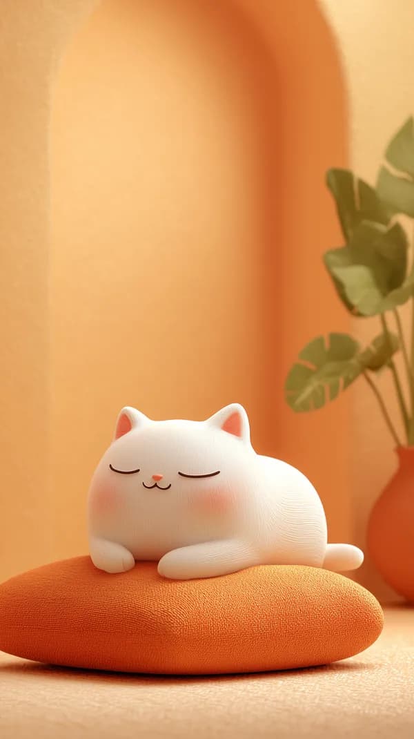 Dreamy White Cat Plush Resting on Orange Pillow Wallpaper - HD Wallpaper, 4k Background Image
