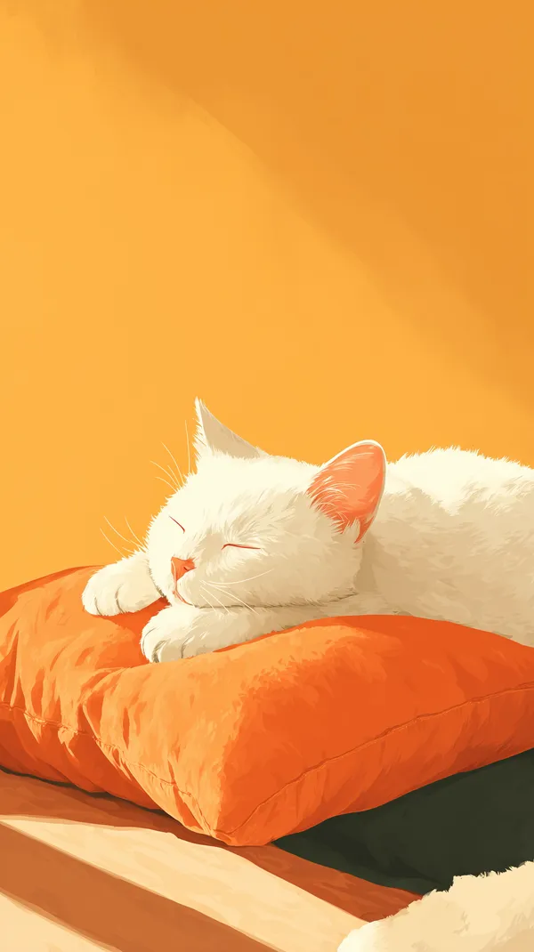 Cozy Orange Pillow Nap: White Cat Sleeping Illustration - HD Wallpaper, 4k Background Image