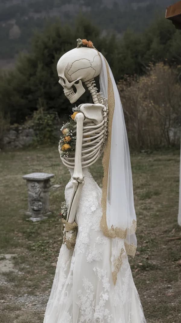 Skeleton Bride in Lace Gown and Veil in Rustic Field - HD Wallpaper, 4k Background Image