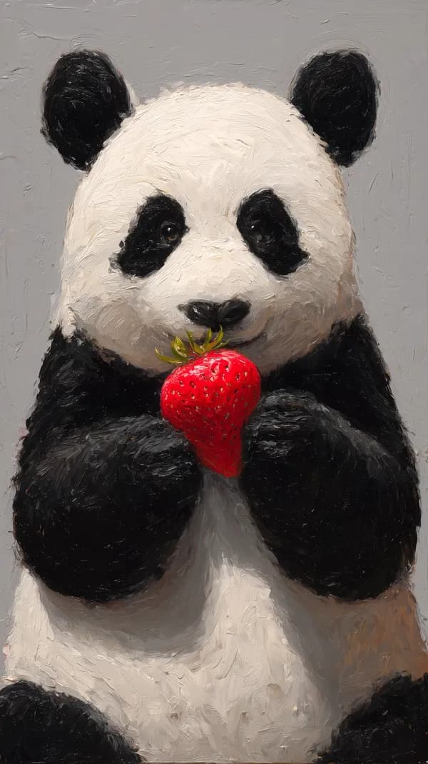 Charming Panda Holding a Strawberry - Textured Oil Painting - HD Wallpaper, 4k Background Image
