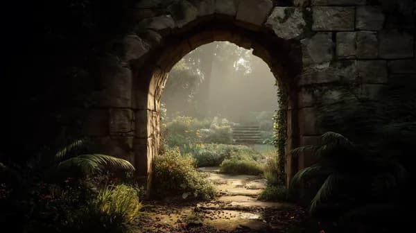 Mistlit Stone Arch Garden Path — Sunlit Forest Courtyard Wallpaper - HD Wallpaper, 4k Background Image