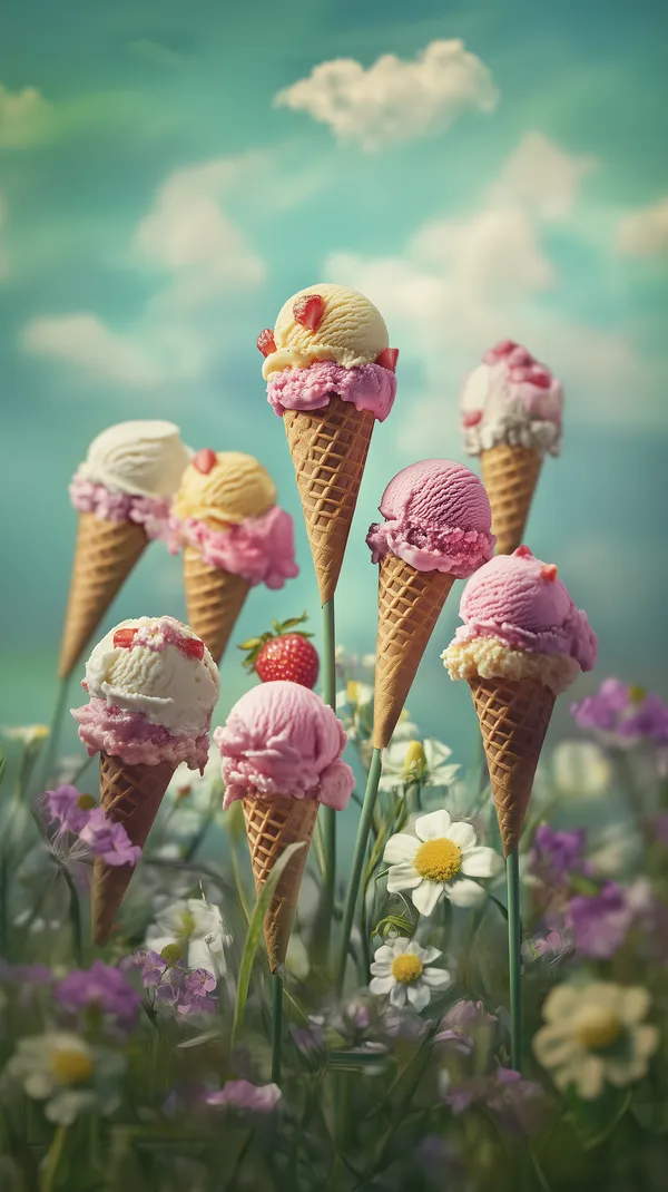 Pastel Ice Cream Cones Bloom in a Dreamy Floral Field - HD Wallpaper, 4k Background Image