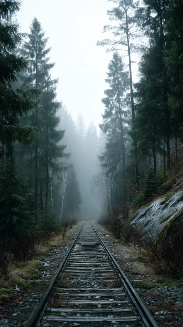 Misty Forest Railway in Fog: Moody Pine Trail Landscape - HD Wallpaper, 4k Background Image