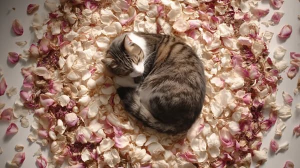 Tranquil Tabby Cat Resting on a Soft Bed of Pink Rose Petals - HD Wallpaper, 4k Background Image