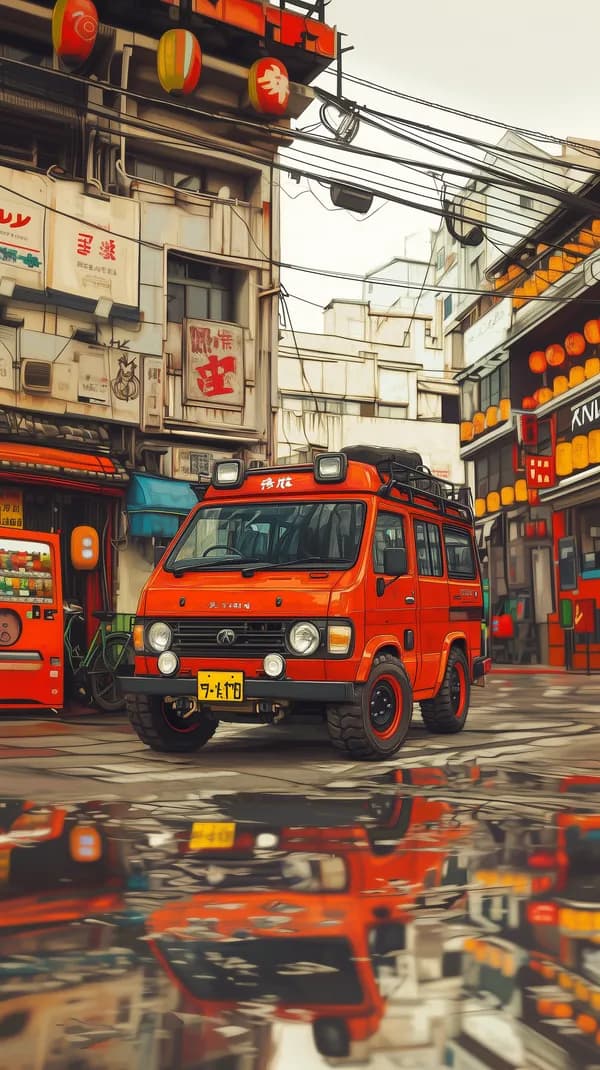Vivid Red Van in Neon Asian Street - Urban Retro Wallpaper - HD Wallpaper, 4k Background Image