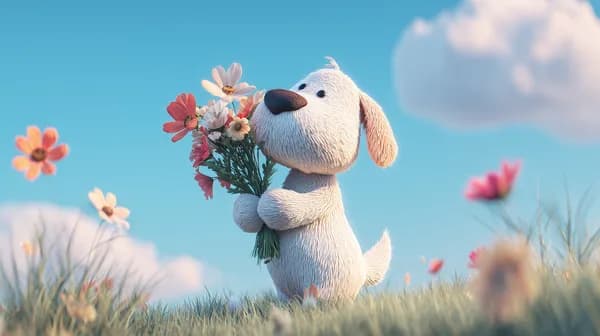 Whimsical 3D Puppy with Bouquet in Sunny Meadow Wallpaper - HD Wallpaper, 4k Background Image