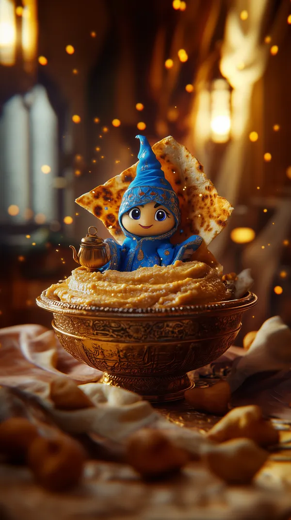 Whimsical Blue Hooded Fantasy Figure in Golden Bowl Feast - HD Wallpaper, 4k Background Image