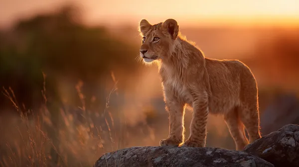 Golden Hour Lion Cub on a Rock - Sunset Wildlife Wallpaper - HD Wallpaper, 4k Background Image