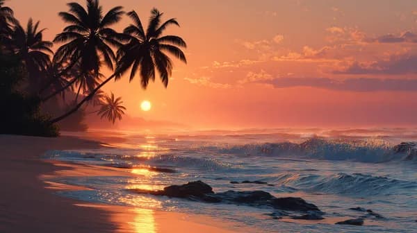 Vibrant Tropical Sunset Over Palm-Fringed Beach with Golden Waves - HD Wallpaper, 4k Background Image
