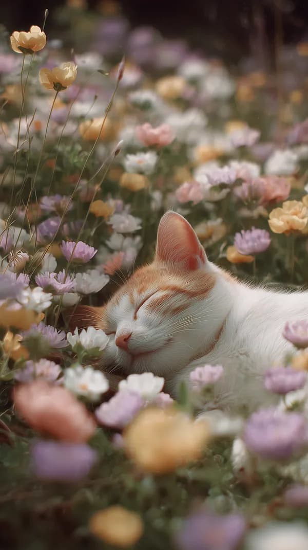 Pastel Garden Scene: Sleeping Cat among Colorful Blooms - HD Wallpaper, 4k Background Image