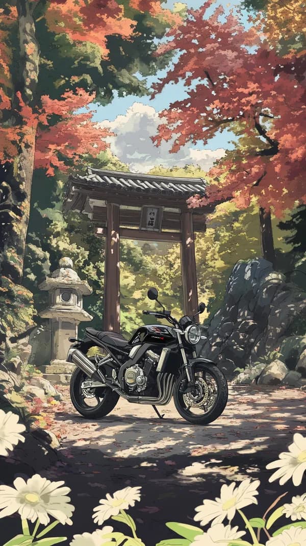 Autumn Forest Scene with Motorcycle by a Traditional Torii Gate - HD Wallpaper, 4k Background Image