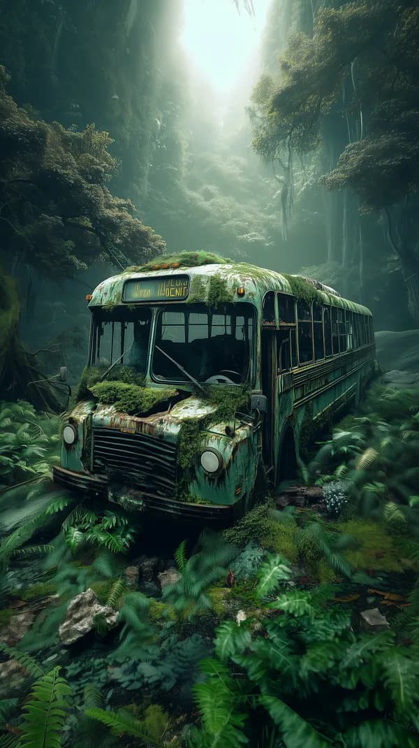 Moss-Covered Abandoned Bus in a Misty Jungle Scene - HD Wallpaper, 4k Background Image