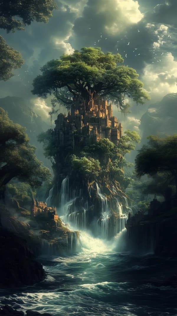 Enchanted Forest Castle on a Cliff Surrounded by Waterfalls - HD Wallpaper, 4k Background Image