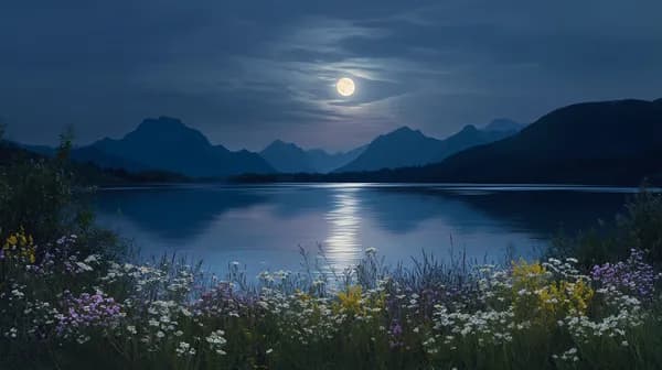 Moonlit Mountain Lake at Night with Wildflowers - Scenic Wallpaper - HD Wallpaper, 4k Background Image
