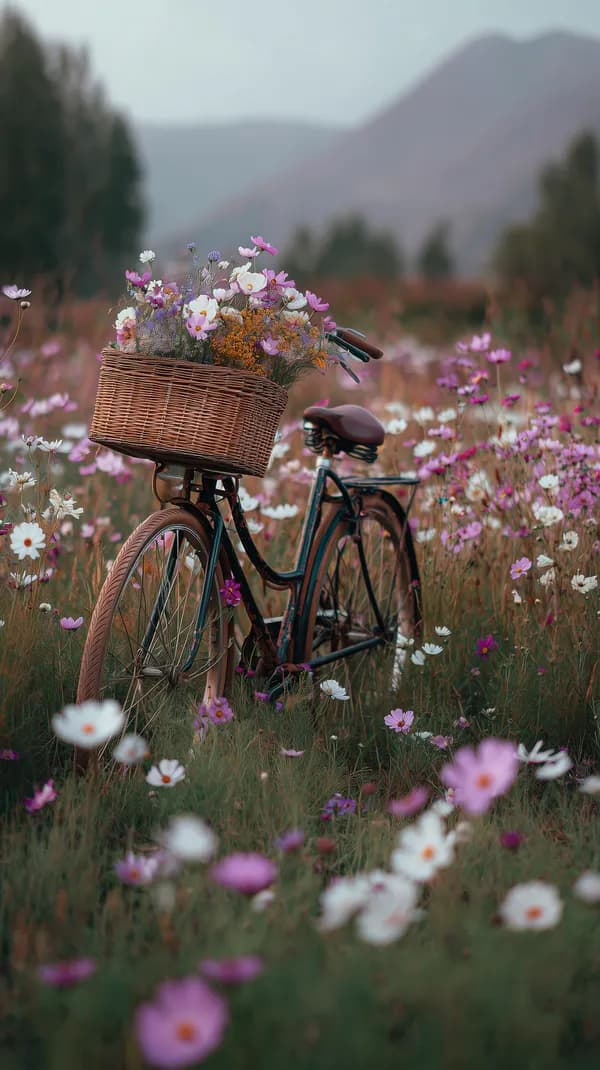 Romantic Wildflower Field with Vintage Bicycle Wallpaper - HD Wallpaper, 4k Background Image
