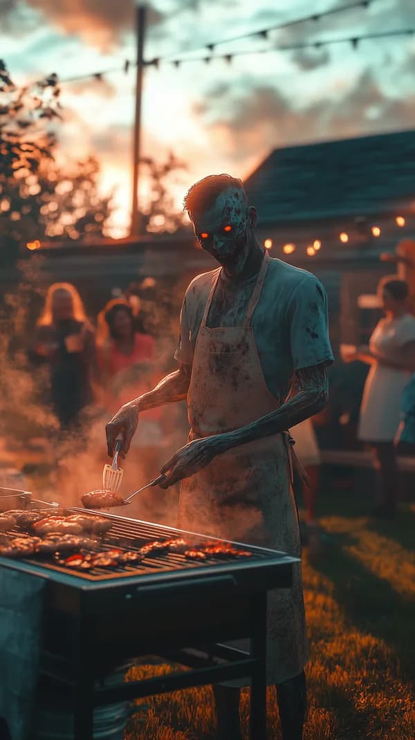 Zombie Griller at Sunset: Eerie Outdoor BBQ Scene for Night Owls - HD Wallpaper, 4k Background Image