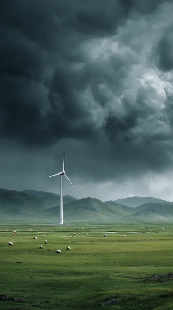 Stormy skies over rolling hills with a lone wind turbine - HD Wallpaper, 4k Background Image
