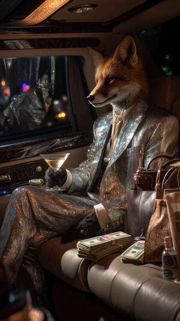 Fox in a Shimmering Silver Suit Inside a Luxury Car at Night - HD Wallpaper, 4k Background Image