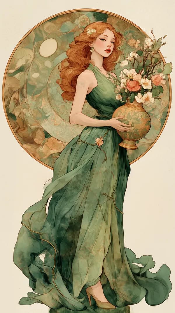 Elegant Green-Gown Portrait with Vase of Flowers in Art Nouveau - HD Wallpaper, 4k Background Image