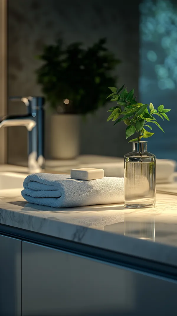 Tranquil Marble Bathroom Counter with Plant and Towel - HD Wallpaper, 4k Background Image
