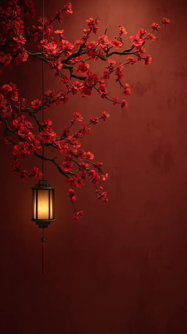 Red Plum Blossom Wall Art with Lantern - Asian-Inspired Wallpaper - HD Wallpaper, 4k Background Image