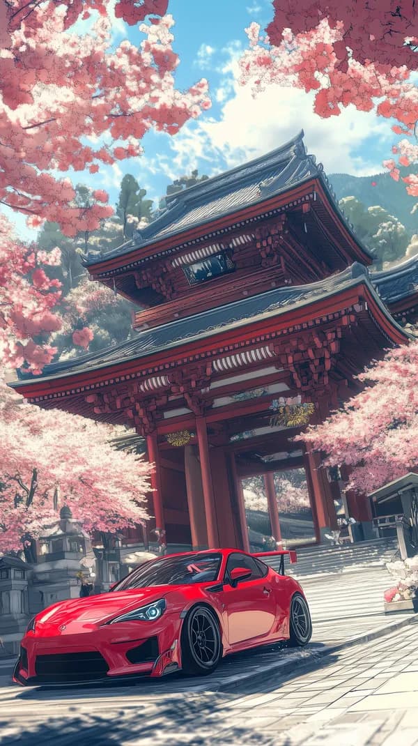 Red Sports Car at Cherry Blossom Temple Gate Scene - HD Wallpaper, 4k Background Image