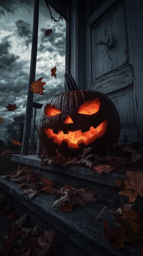 Spooky Halloween Pumpkin on a Dark Porch at Dusk in Moody Light - HD Wallpaper, 4k Background Image