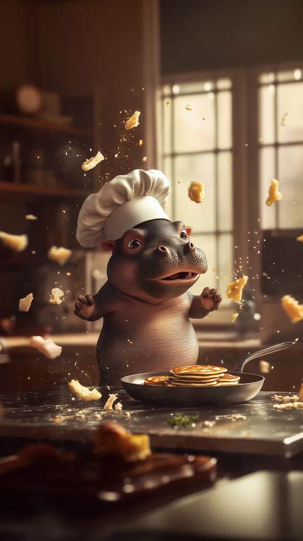Whimsical Hippo Chef Flips Pancakes in Cozy Kitchen - HD Wallpaper, 4k Background Image