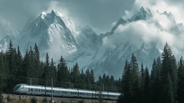 Alpine Train Through Misty Pines Beneath Snowy Mountain Peaks - HD Wallpaper, 4k Background Image