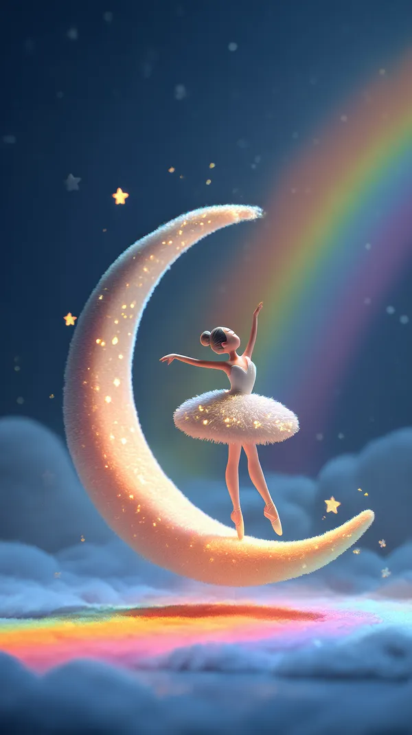 Dreamy Ballet Dancer on a Soft Fluffy Moon under a Rainbow - HD Wallpaper, 4k Background Image