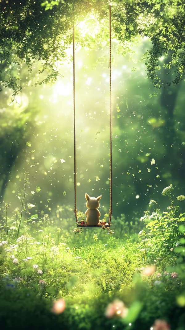 Whimsical Forest Swing: Cute Animal in Sunlit Greenery - HD Wallpaper, 4k Background Image