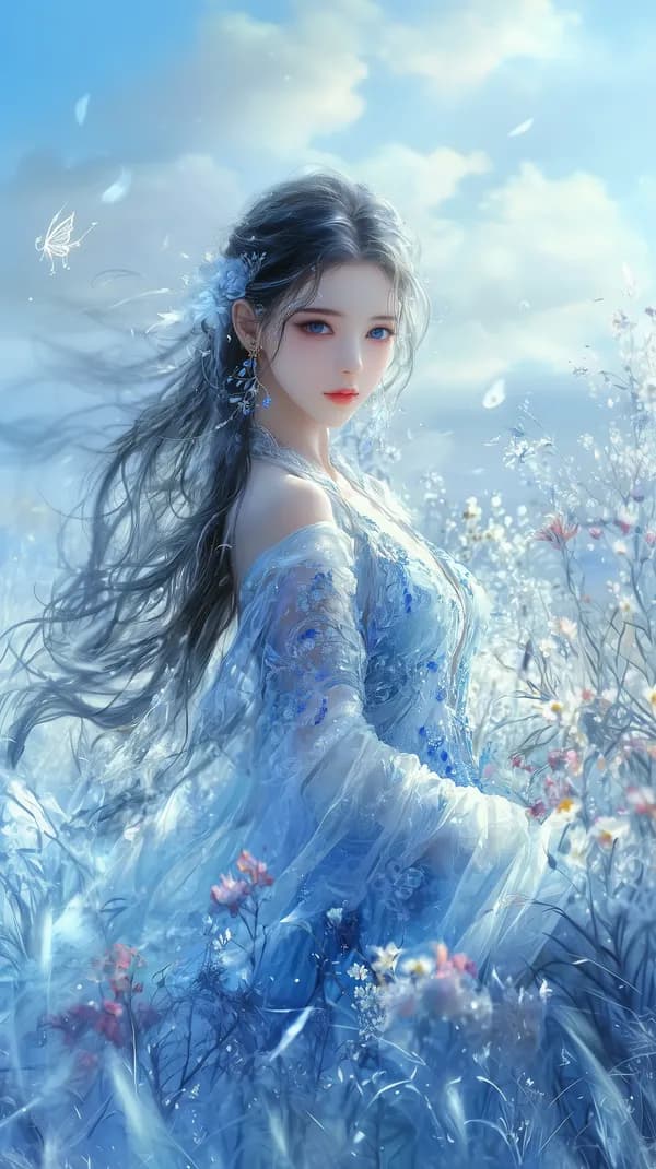 Ethereal Blue Dream: Fantasy Portrait in Ice-Blue Meadow - HD Wallpaper, 4k Background Image
