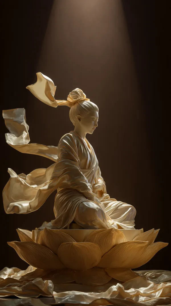 Golden Silken Statue on Lotus Pedestal under Soft Spotlight - HD Wallpaper, 4k Background Image