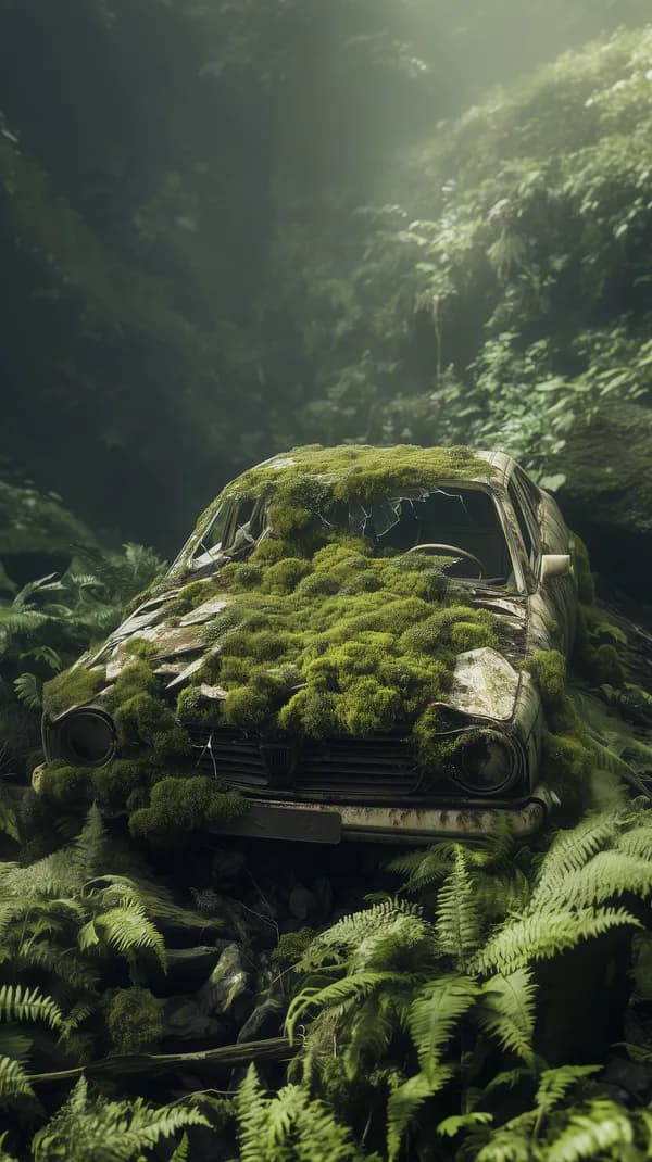 Overgrown Moss-Covered Car in Lush Jungle — Abandoned Vehicle - HD Wallpaper, 4k Background Image
