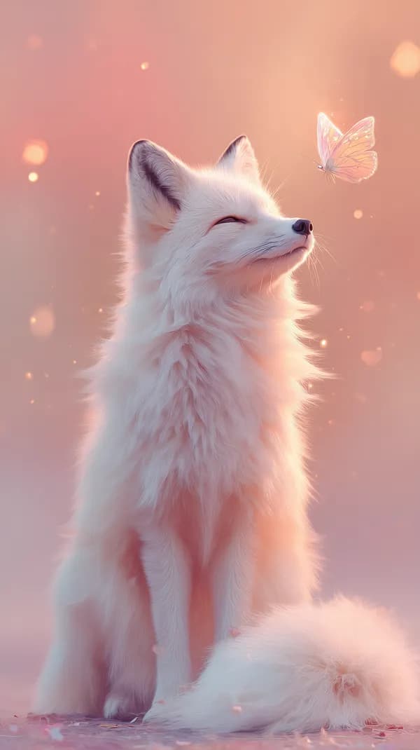 Pastel Dream: White Fox with Butterfly Wallpaper — Soft Glow - HD Wallpaper, 4k Background Image