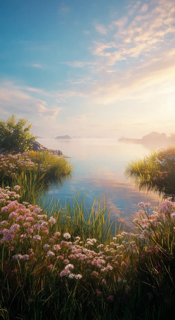 Tranquil Lakeside Meadow at Sunset with Pink Flowers - HD Wallpaper, 4k Background Image