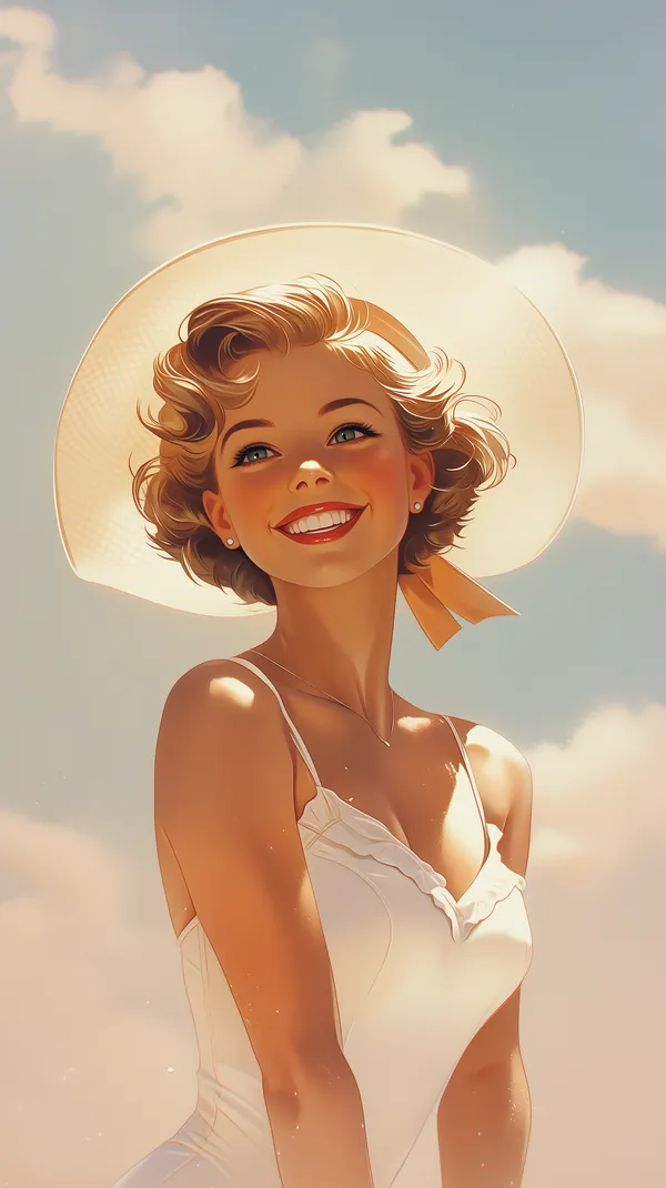 Sunny Vintage Portrait: Woman in White Dress Under Sun Hat - HD Wallpaper, 4k Background Image