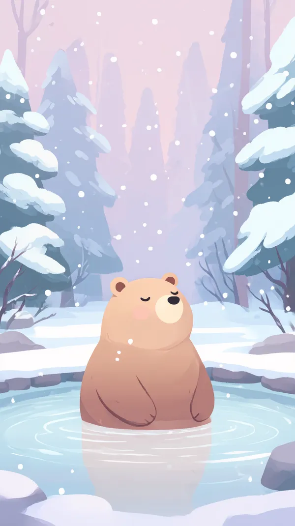 Pastel Winter Forest Bear Wallpaper - Cozy Snow Scene - HD Wallpaper, 4k Background Image