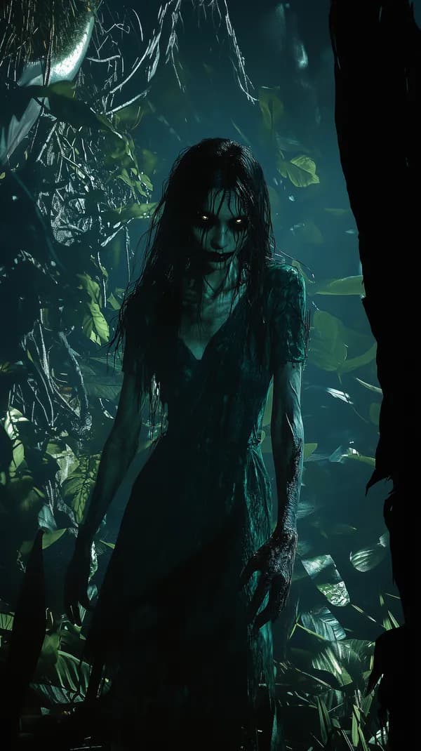 Midnight Jungle Horror: eerie undead silhouette in green mist - HD Wallpaper, 4k Background Image