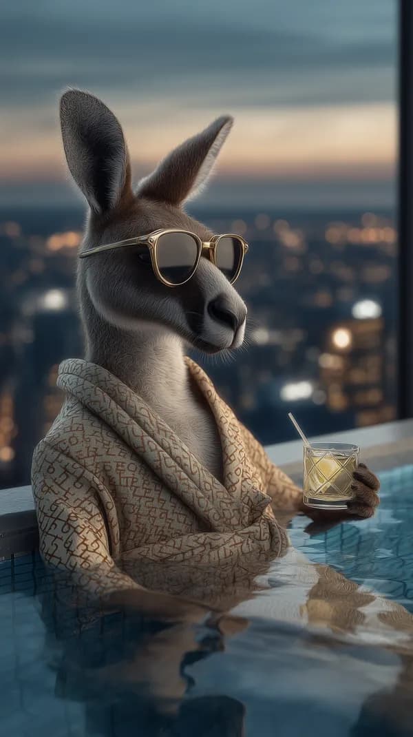 Sunset skyline lounge: kangaroo in robe with sunglasses by pool - HD Wallpaper, 4k Background Image