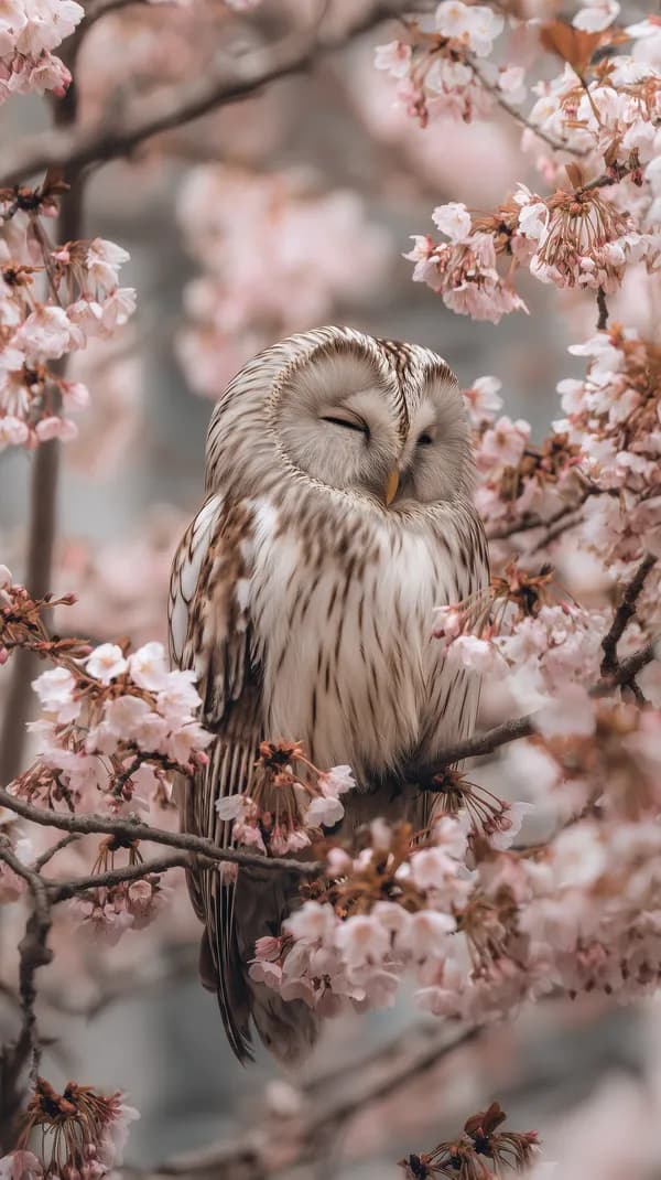 Soft Pink Cherry Blossom Owl in Serene Spring Garden - HD Wallpaper, 4k Background Image
