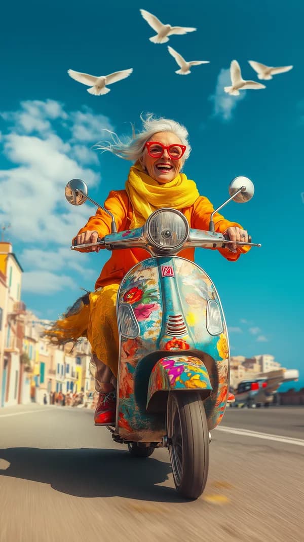 Vibrant senior rider on a colorful vintage scooter under blue sky - HD Wallpaper, 4k Background Image