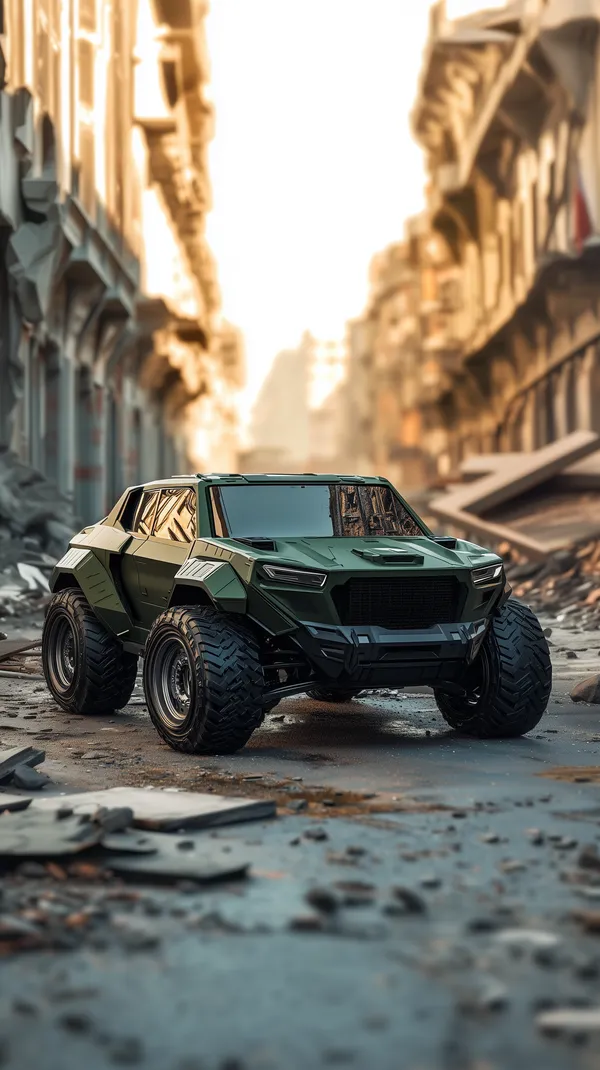 Futuristic armored off-road vehicle in ruined cityscape - HD Wallpaper, 4k Background Image